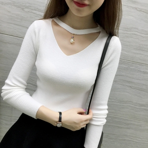 打底毛衣女 短款紧身套头毛衣女长袖V领修身大码低领打底针织衫毛衣