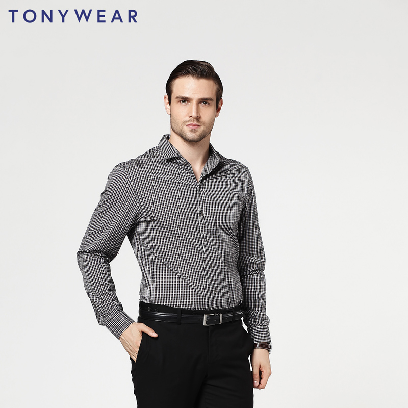 TONY WEAR/汤尼威尔男士商务休闲秋季全棉小方格长袖衬衫衬衣包邮