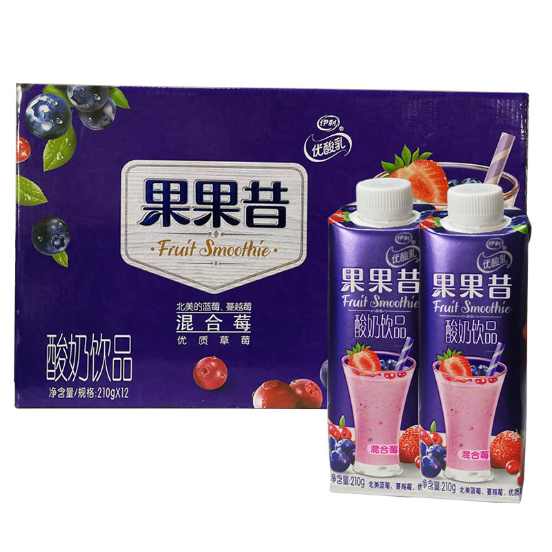 伊利优酸乳果果昔酸奶乳品混合莓口味210g草莓味果果昔酸牛奶12盒