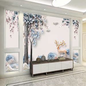 北欧立体浮雕电视背景墙现代简约客厅麋鹿 span class=h>树木 /span>