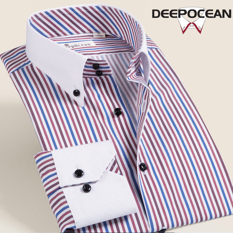 深海deepocean纯棉免烫白领子衬衫男长袖条纹衬衣商务正装春季款