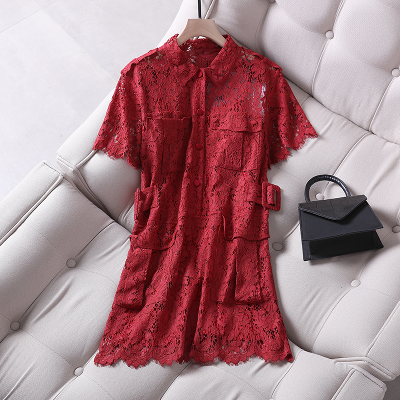 【现货】 一地素秋2019夏有女人味的红色蕾丝连衣裙 镂空 2F2O428