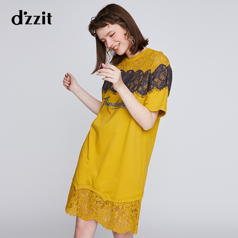 dzzit地素 春夏装新款甜美拼接蕾丝印花短袖连衣裙女3F2O4651V