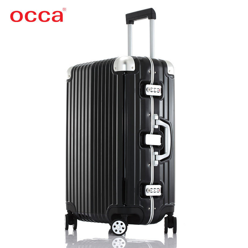 occa新品纯PC铝合金包角拉杆箱铝框万向轮旅行箱黑色托运箱