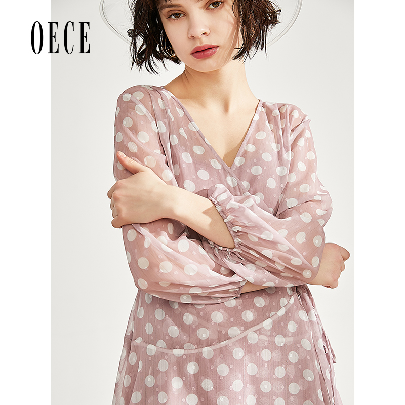 Oece2019夏装新款女装 法式复古V领雪纺波点连衣裙仙女超仙裙子