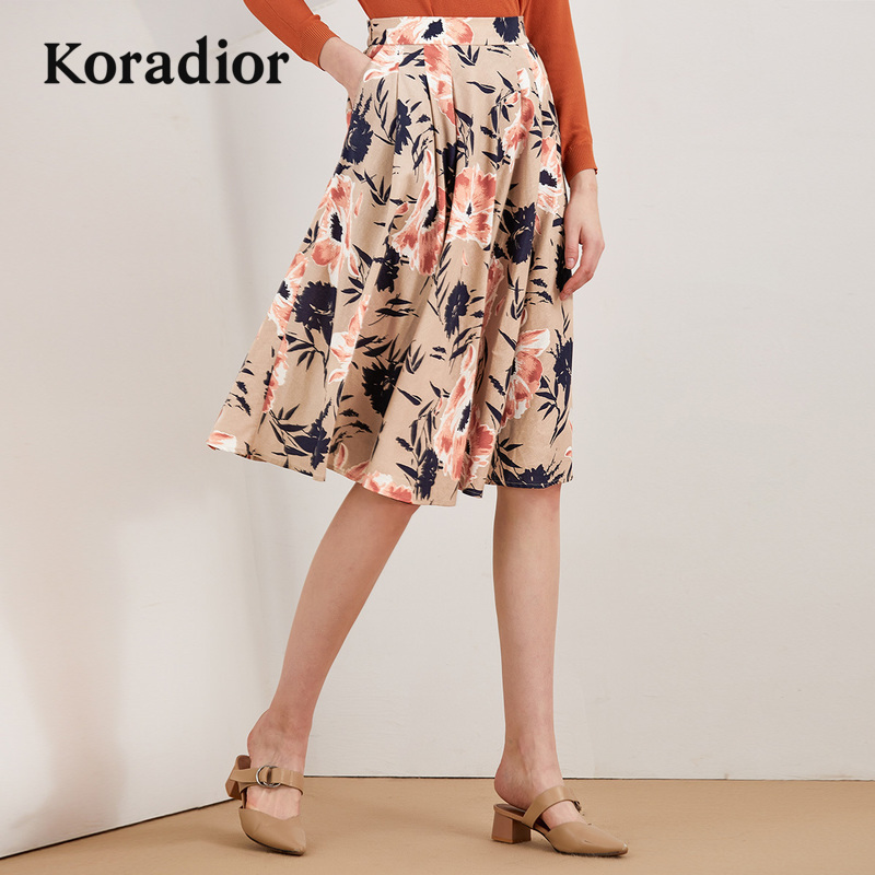 Koradior/珂莱蒂尔品牌女装2019夏装新款高腰时尚印花百搭半身裙