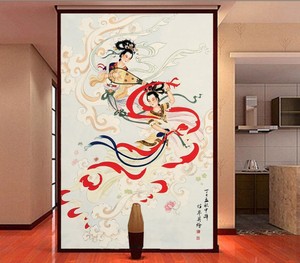 无缝墙布中式古典飞天仙女玄关背景墙墙纸壁画手绘艺术壁纸 ￥ 30.