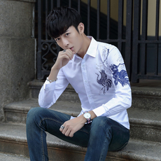 秋季薄款男士长袖衬衫韩版修身青少年学生打底休闲印花白色衬衣夏