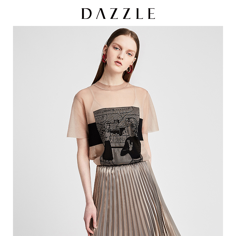 DAZZLE地素 2019夏装新款圆领抽象图案印花毛针织衫女 2G2E3171N