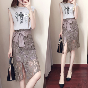 包臀高腰a字裙港味不规则半身裙女夏2018新款蕾丝时尚修身裙子春半身裙