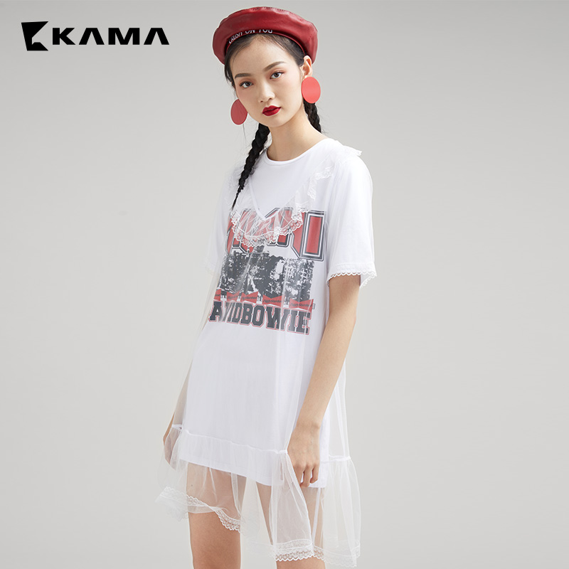 KAMA卡玛夏季新款纱拼接短袖T恤女中长款半袖体恤裙7218160