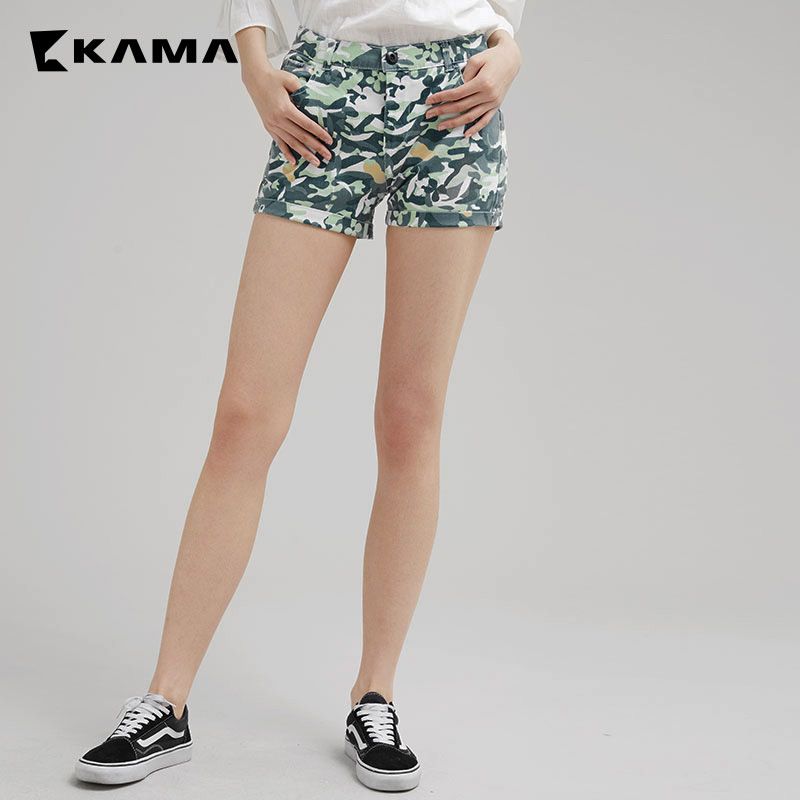 KAMA女装 卡玛夏装新款 时尚迷彩印花短裤热裤卷边 7218256