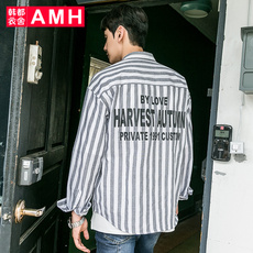 AMH韩版男装2018春季学生条纹简约印花休闲长袖衬衫男NX7106恊
