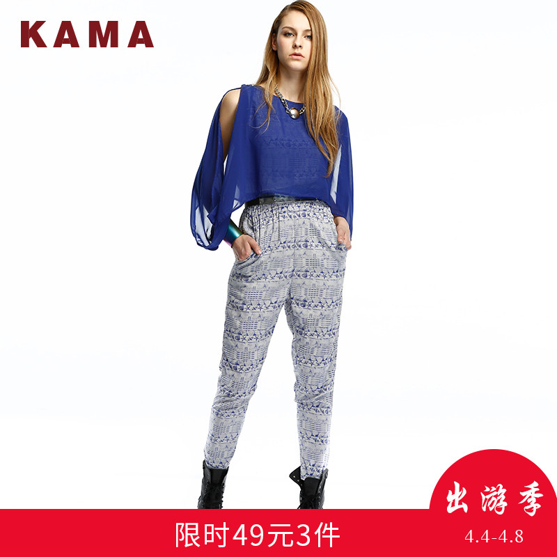 KAMA 卡玛 夏季女装 雪纺拼接宽松休闲连体裤 7214350