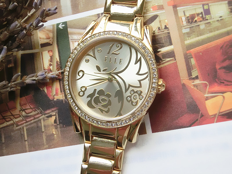 不二蛋家国外正品复古ELLE骄纵花朵浮雕水钻全盘24K镀金石英手表