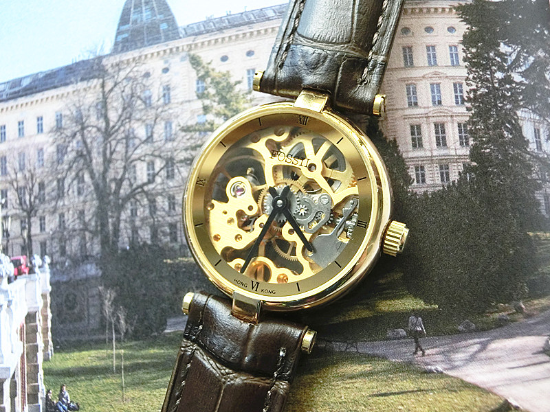 美国正品复古Fossil古欧金典手动机械透彻双面镂空24K镀金手表