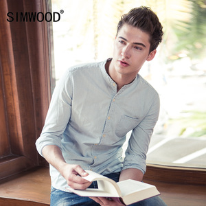 Simwood简木男装 男士春季欧美条纹牛仔衬衣立领修身纯棉长袖衬衫衬衫男