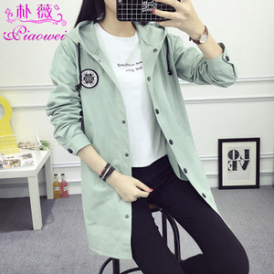 青少年2017春装韩版少女中长款连帽风衣中学生百搭棒球服休闲外套