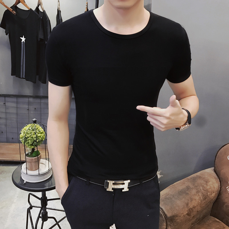 夏季男士短袖T恤圆领体恤韩版黑白纯色打底衫紧身半袖上衣服男装