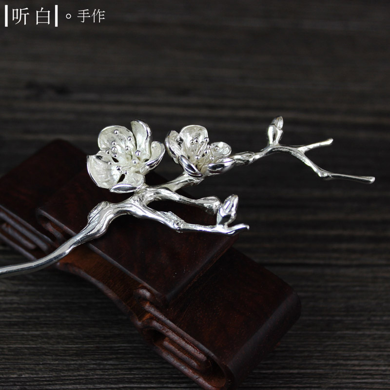 宫匠坊纯手工银饰银簪踏雪寻梅青荷花月记砂纯银发簪发钗定制