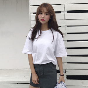 夏装新款韩版简约百搭纯白色短袖T恤女宽松显瘦圆领打底衫上衣潮短袖女