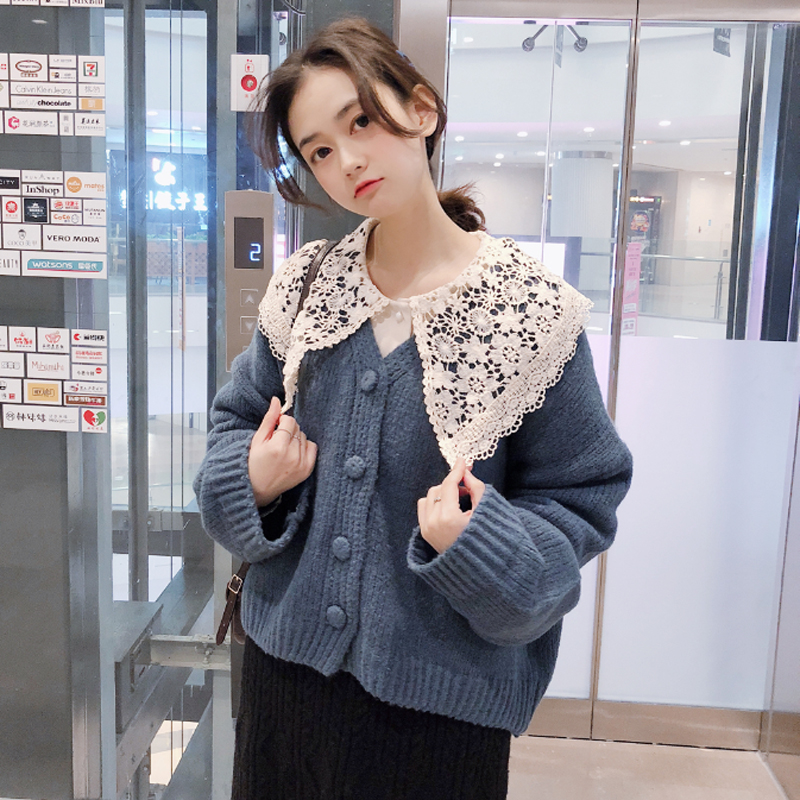 韩版时尚休闲套装春季女装蕾丝娃娃领衬衫+V领毛衣开衫外套两件套