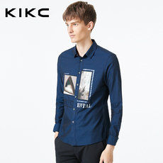 kikc男装纯棉青年休闲长袖衬衫新款白色尖领印花图片修身衬衣清新