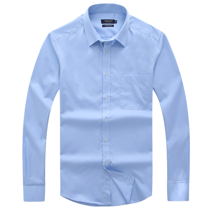 ARROW美国箭牌男士衬衫 纯蓝色长袖正装衬衫液氨整理纯棉免烫衬衣