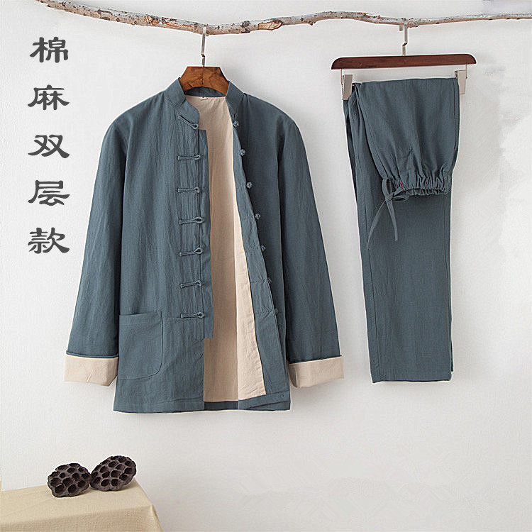 中国风棉麻唐装男长袖套装春秋款中式复古亚麻外套禅修居士服茶服