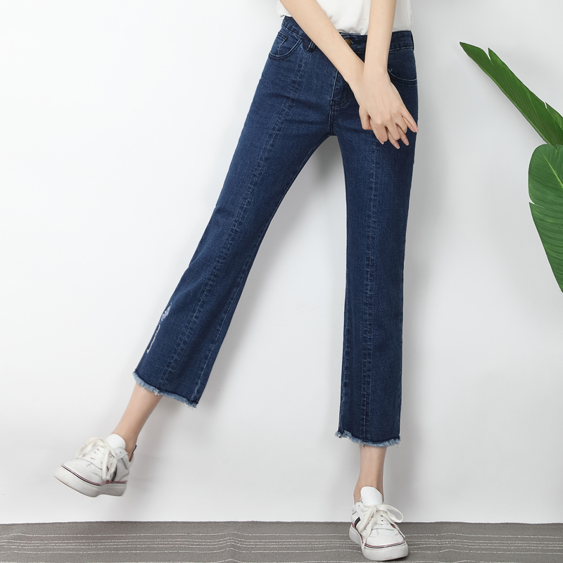 艾夫斯九分裤女直筒牛仔裤2019春季新款趣味刺绣显瘦修身毛边裤子