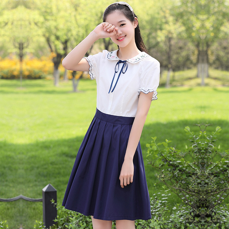2018夏季连衣裙子少女初中高中学生韩版班服演出服小清新甜美可爱