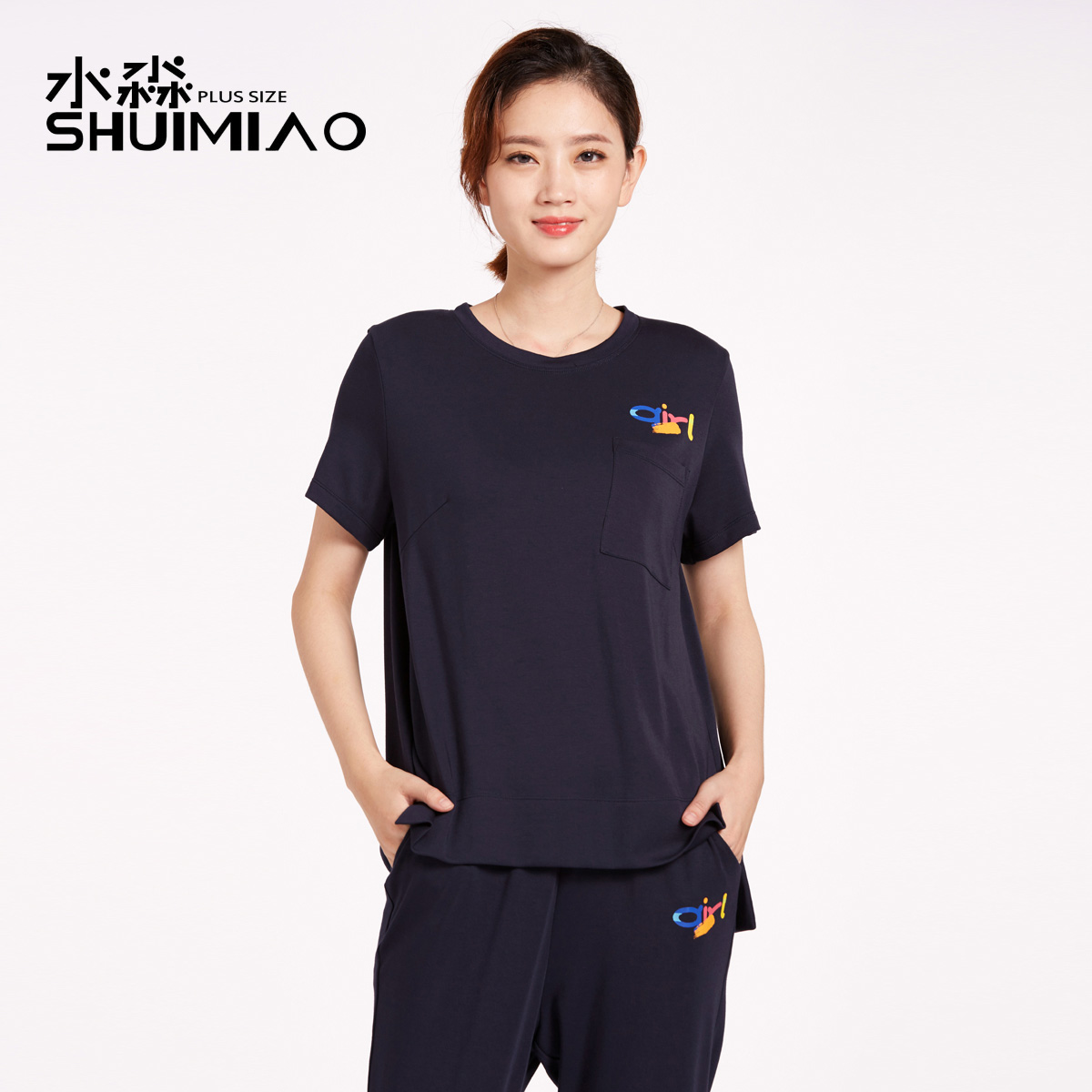水淼2018秋装新款加大码女装胖mm韩版圆领弹力遮肚子t恤2466