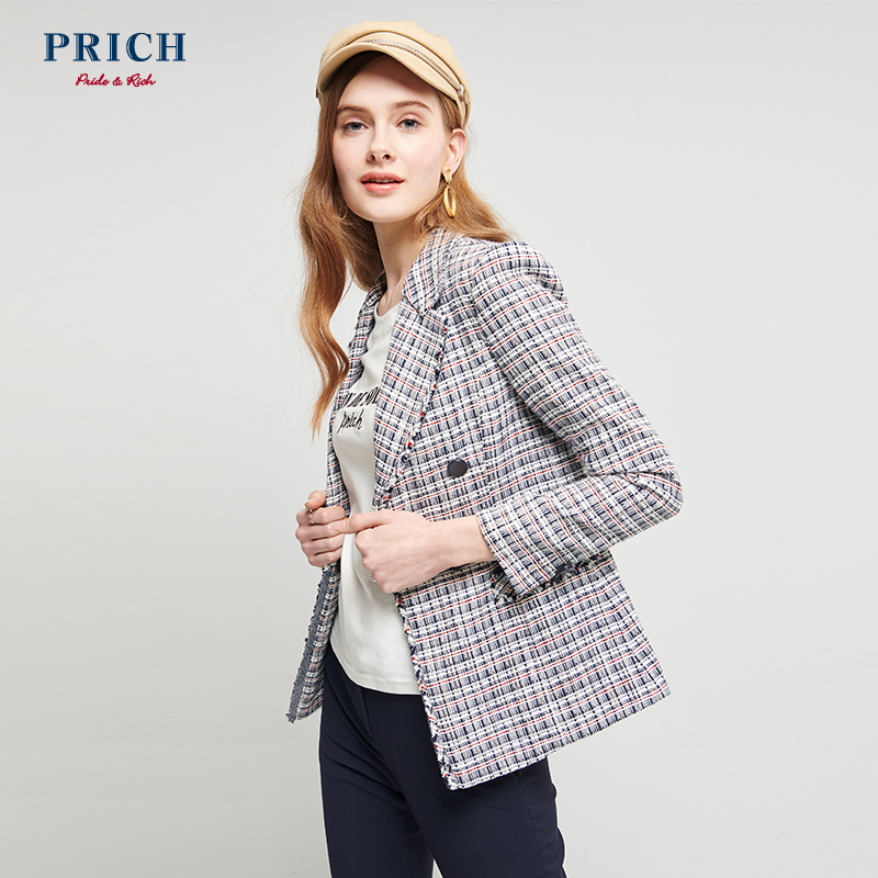 PRICH2019春季新款韩版复古学院风长袖格子西装外套女PRJK95251M