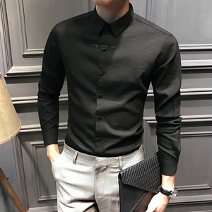 夏季刺绣男士长袖衬衫免烫韩版修身休闲黑色男寸衫男衬衣潮流帅气男士衬衫