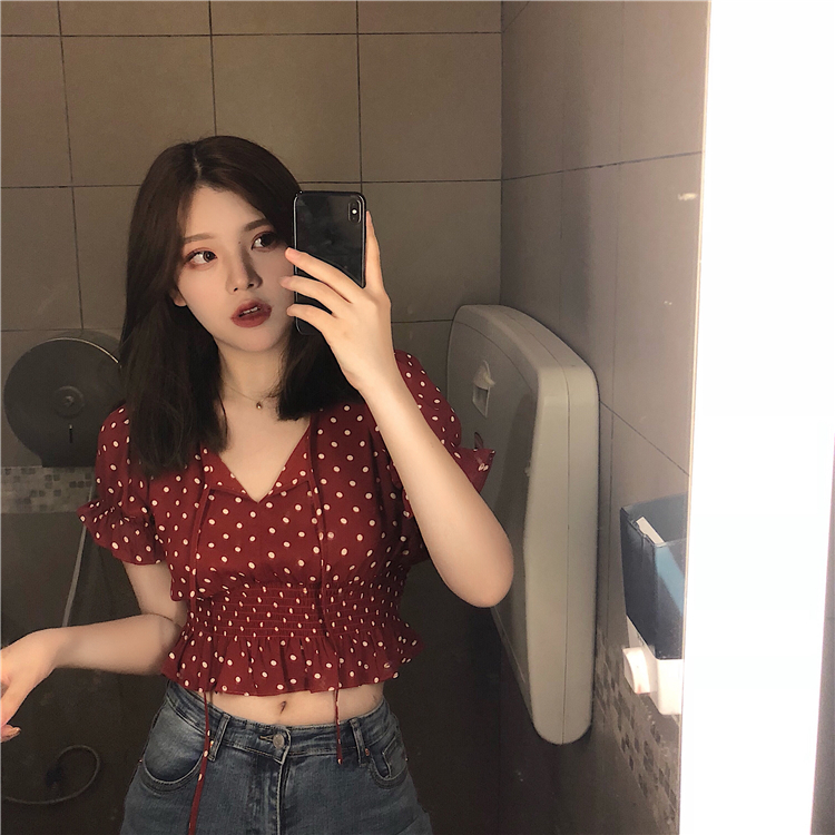夏季复古红色波点短款衬衫上衣女修身韩版chic新款漏肚脐短袖衬衣