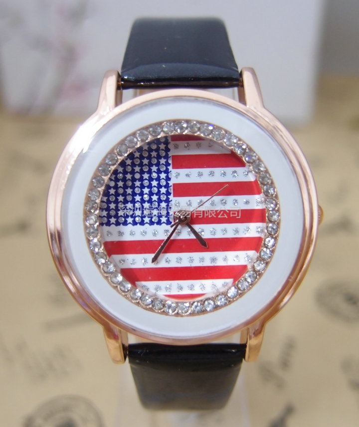ebay热卖 gogoey品牌手表 女士镶钻美国旗皮带石英手表