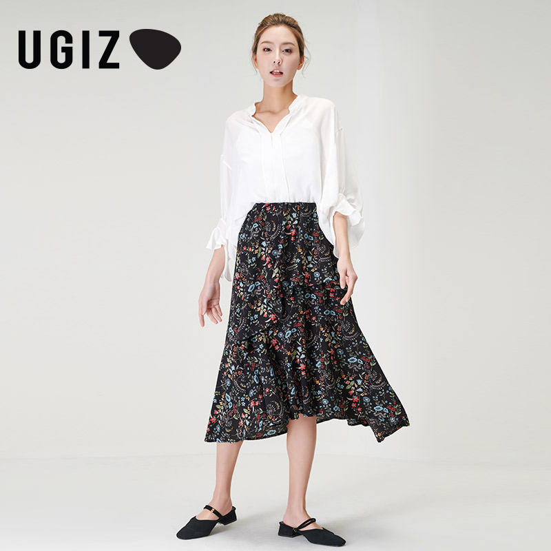 UGIZ夏季中长款印花拼接荷叶边复古显瘦雪纺半身裙女UBKB552A