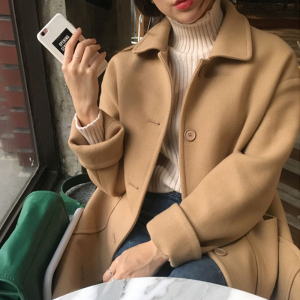 韩国2017冬装中长款驼色呢子大衣女学生学院风单排扣毛呢外套加厚毛呢大衣