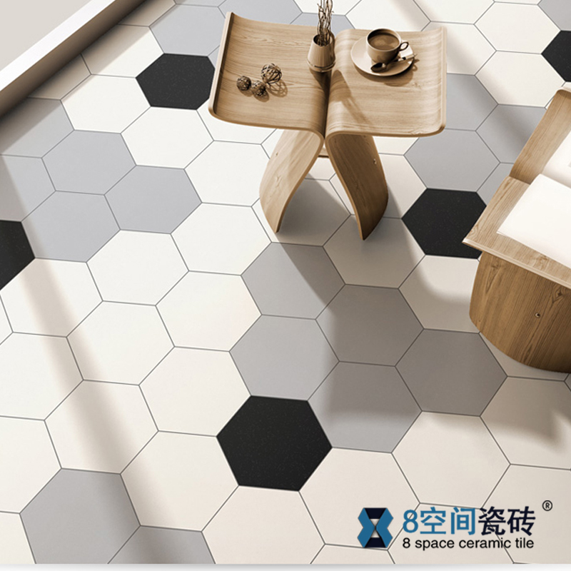 北欧六边形七彩瓷砖 厨房阳台亚光地砖墙砖卫生间黑白灰六角砖300
