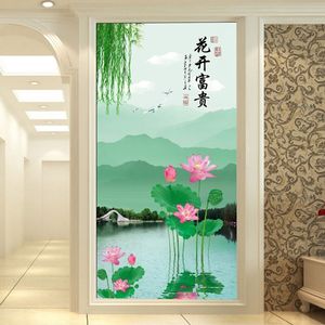 现代中式5d背景墙壁纸竖版玄关壁画山水荷花墙纸3d立体无纺布墙布
