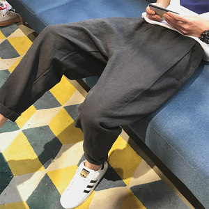 九分裤男大码棉亚麻男裤休闲裤子夏季萝卜裤日系小脚哈伦裤潮宽松五分裤男