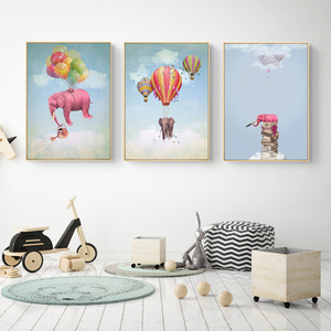 乘着热气球旅行 北欧风格装饰画儿童房挂画大象墙画幼儿园壁画