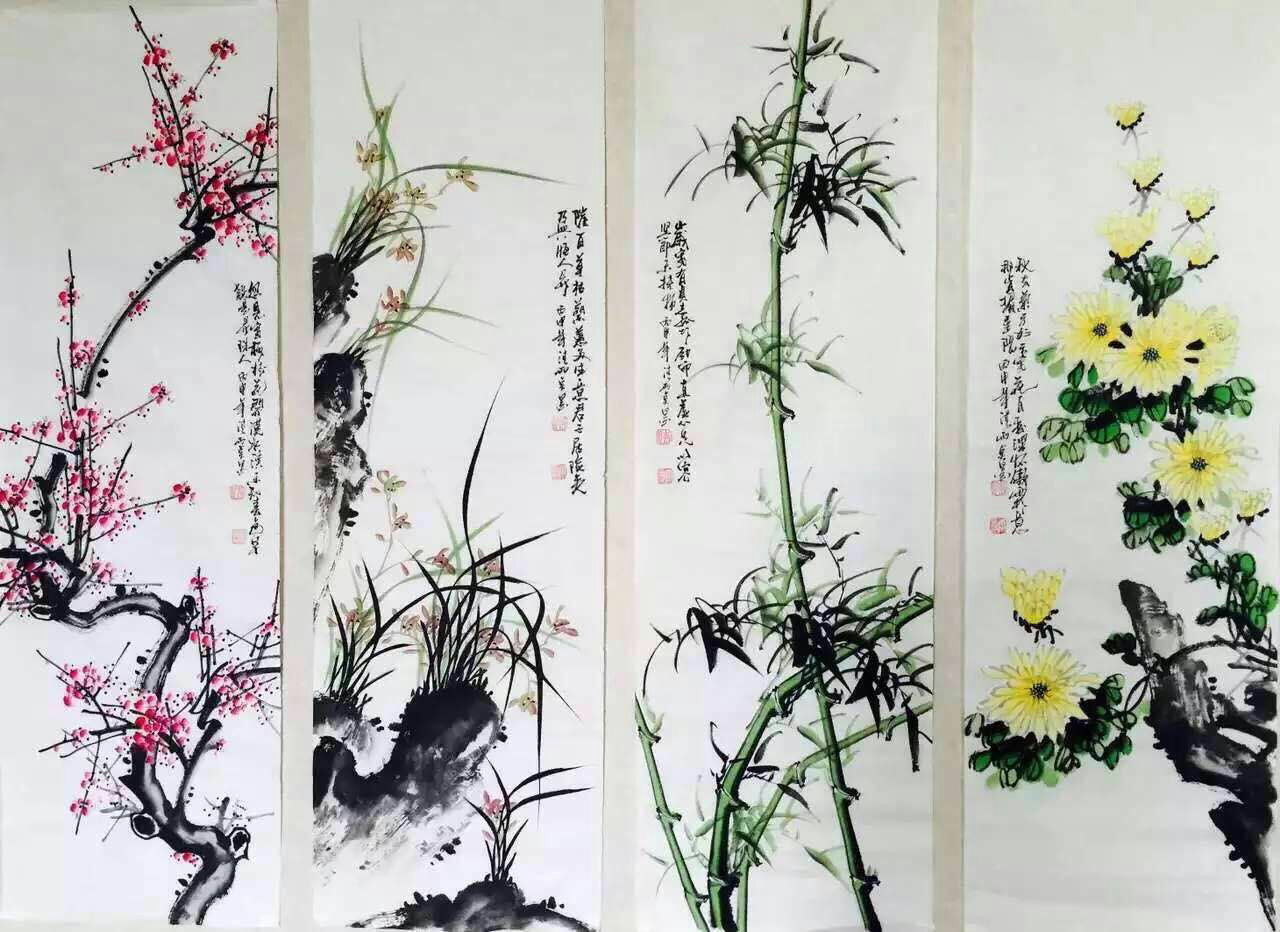 手绘原稿水墨花鸟国画梅兰竹菊四条屏客厅装饰画挂画画芯未裱