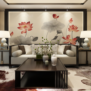 中式荷花手绘油画墙纸书房客厅电视背景墙壁纸水墨可定制壁画