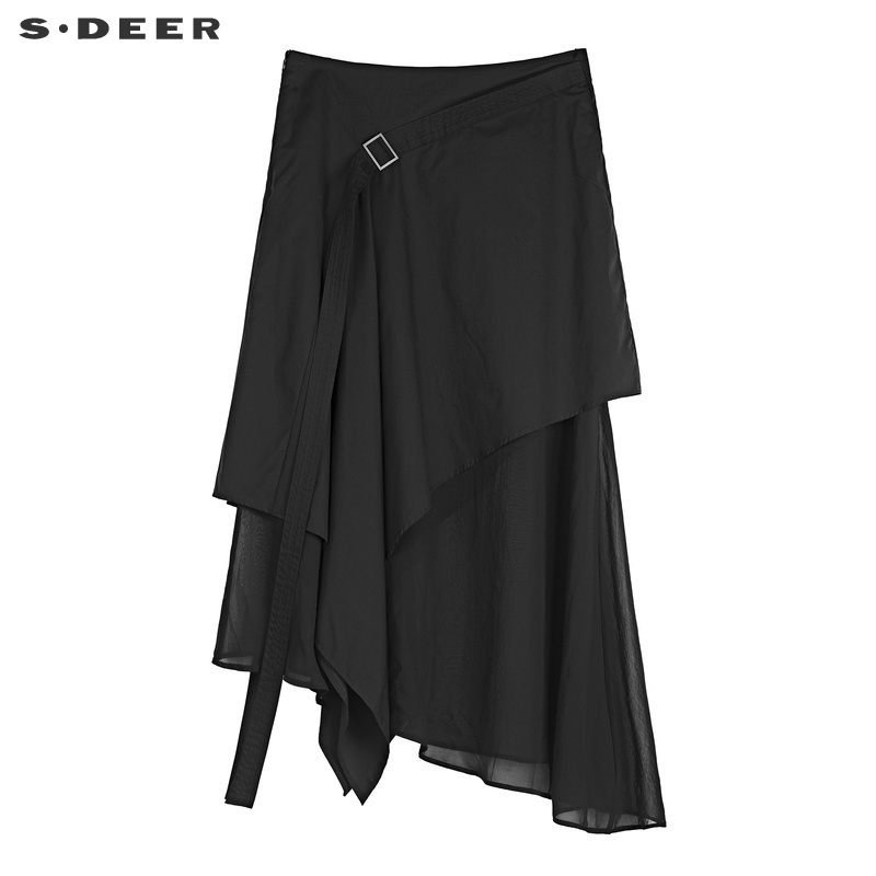 sdeer圣迪奥女2019夏装新款简约飘带层次拼接半身裙长裙S192A1129