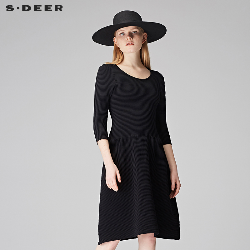 sdeer圣迪奥春装简约纯黑高腰肌理圆领中袖知性连衣裙女S17383539