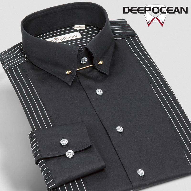 深海Deepocean 男士礼服法式衬衫男长袖衬衣纯棉针孔领拼接时尚