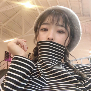 秋冬黑白条纹长袖t恤女韩版宽松百搭原宿风上衣女学生高领打底衫女士T恤