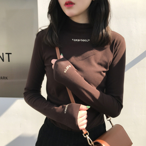 秋冬新款半高领长袖加绒t恤女韩版字母刺绣修身百搭保暖打底衫潮女士T恤