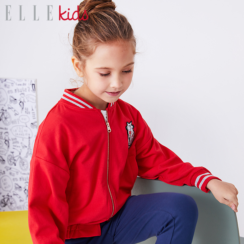 ELLE Kids童装女童针织外套中大童棒球服2019春新款儿童夹克上衣